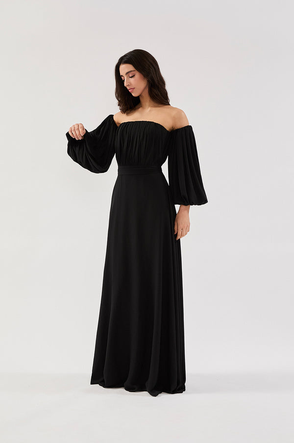 VESTIDO TOMARA QUE CAIA MANGA REMOVÍVEL CREPE PRETO