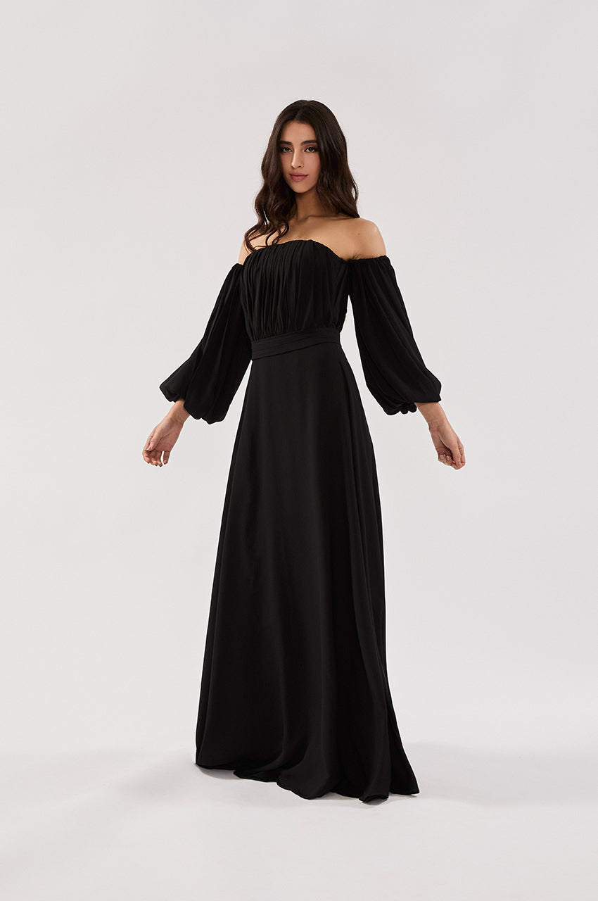 VESTIDO TOMARA QUE CAIA MANGA REMOVÍVEL CREPE PRETO