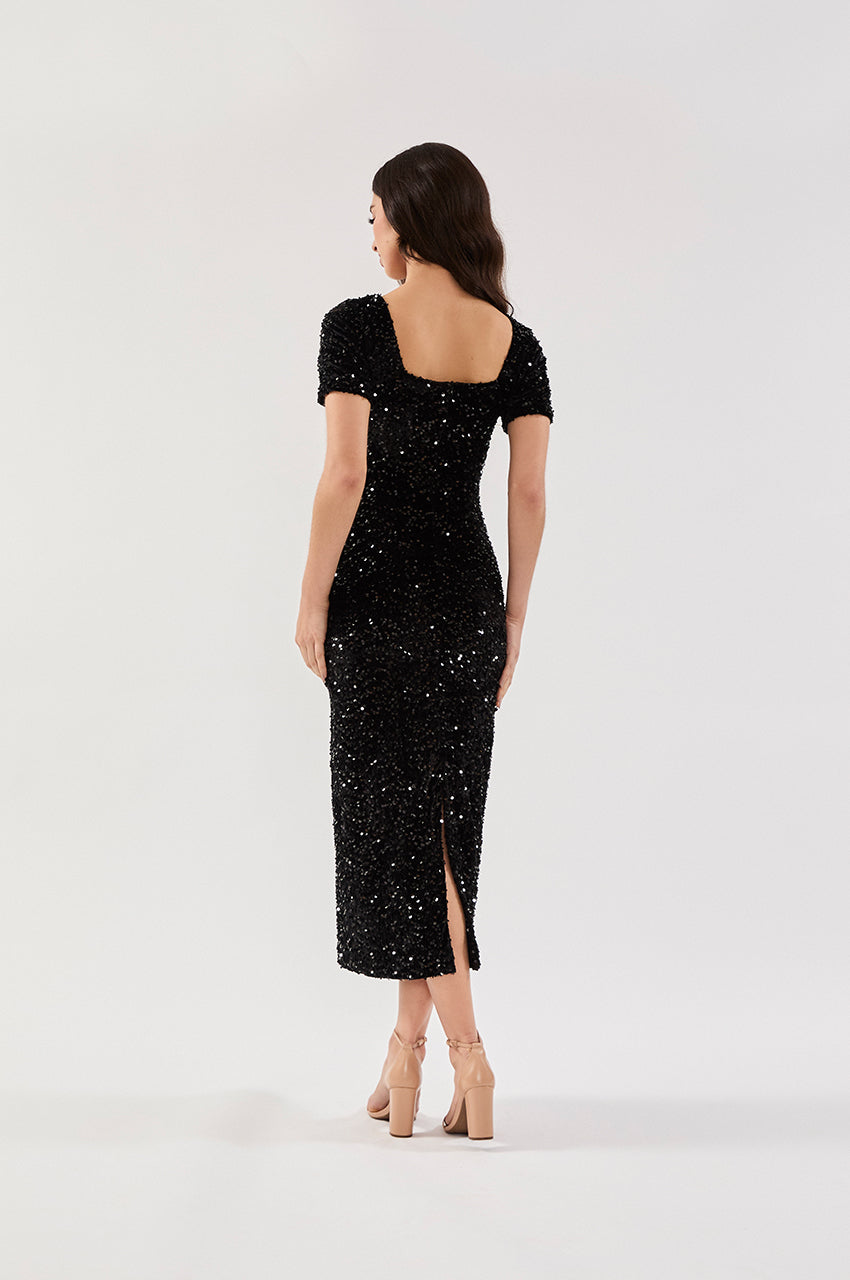 VESTIDO MIDI DECOTE QUADRADO PAETÊ VELVET PRETO