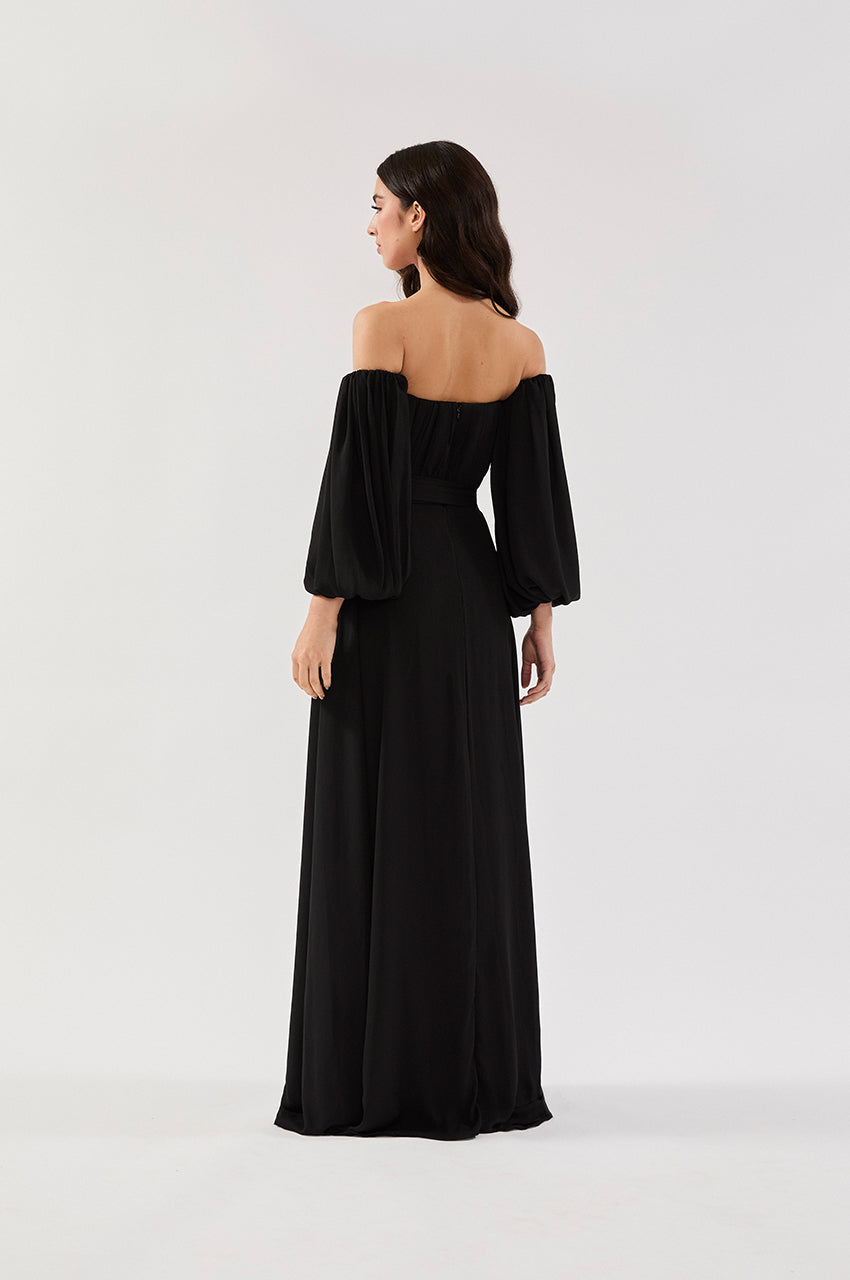 VESTIDO TOMARA QUE CAIA MANGA REMOVÍVEL CREPE PRETO
