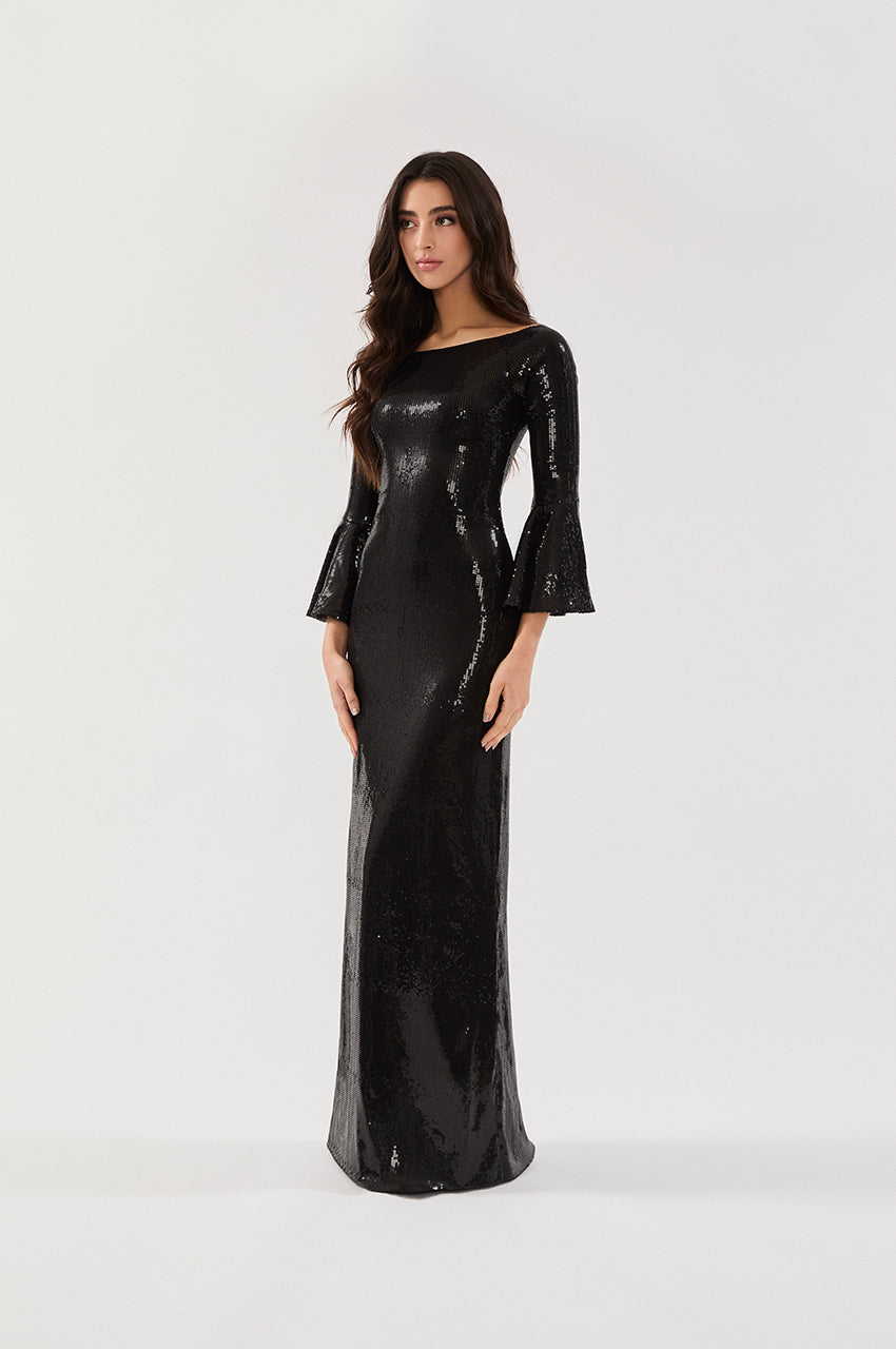 VESTIDO LONGO DECOTE CANOA MANGA BOCA DE SINO PAETÊ PRETO (PRE ORDER)