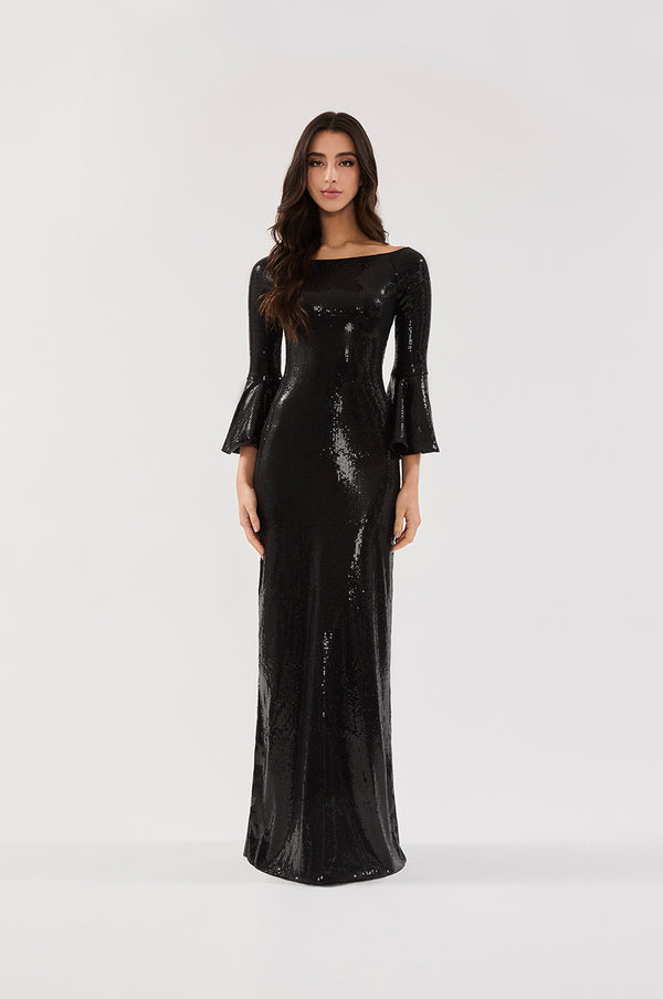 VESTIDO LONGO DECOTE CANOA MANGA BOCA DE SINO PAETÊ PRETO