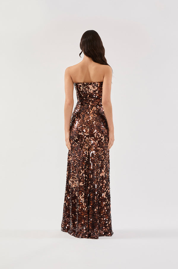 VESTIDO LONGO TOMARA QUE CAIA PAETÊ MARROM