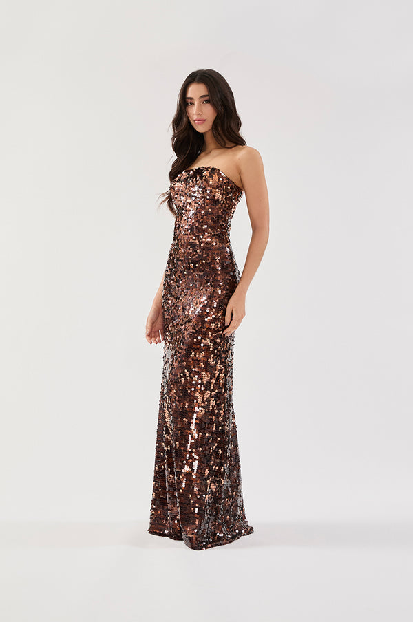 VESTIDO LONGO TOMARA QUE CAIA PAETÊ MARROM