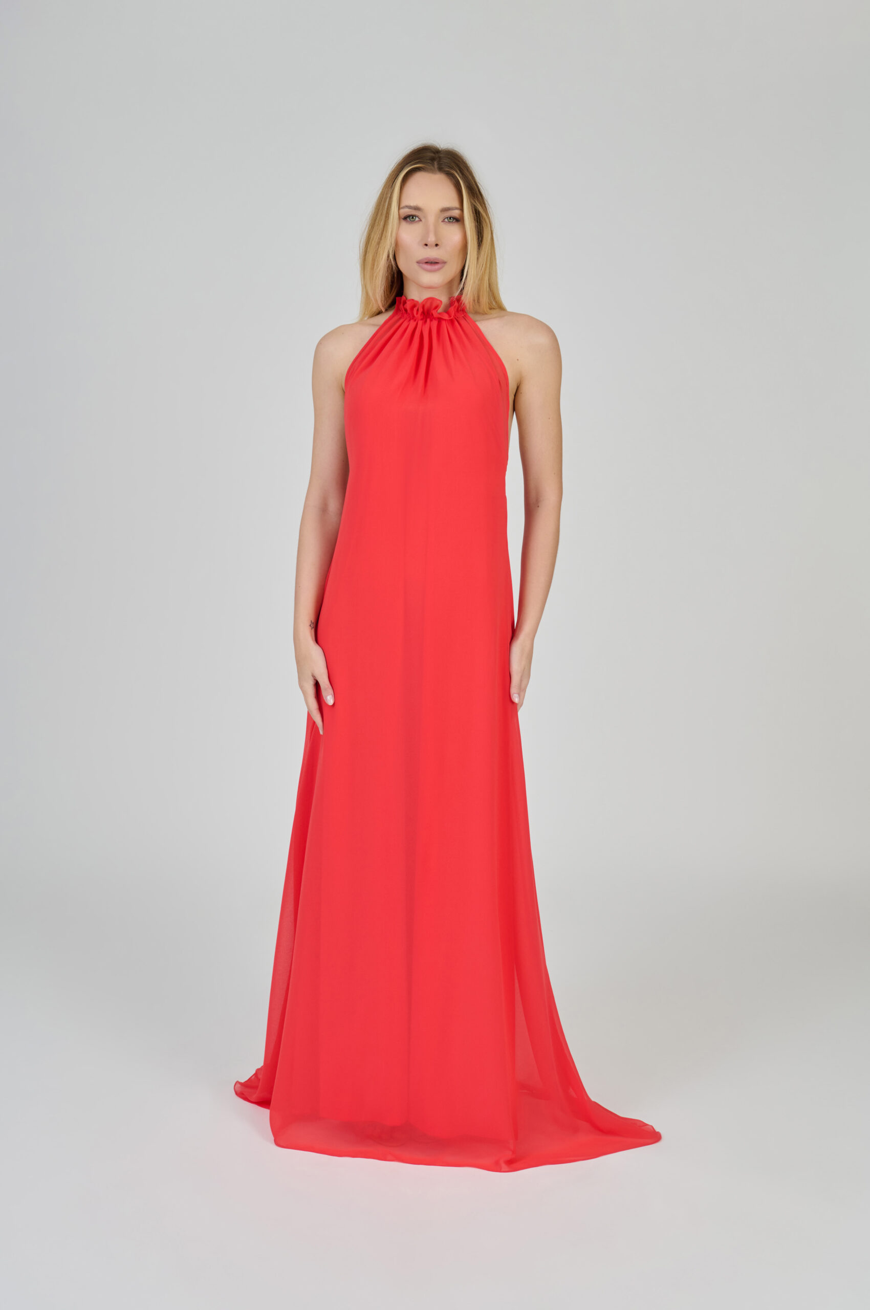VESTIDO LONGO FLUÍDO DECOTE NADADOR CORAL