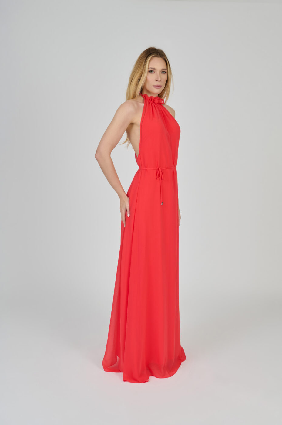 VESTIDO LONGO FLUÍDO DECOTE NADADOR CORAL