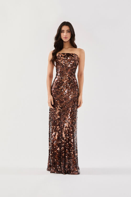 VESTIDO LONGO TOMARA QUE CAIA PAETÊ MARROM