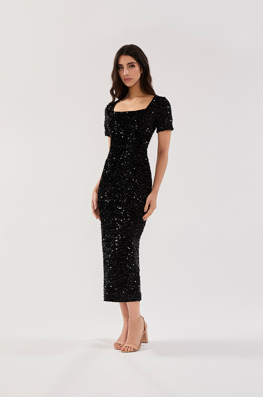 VESTIDO MIDI DECOTE QUADRADO PAETÊ VELVET PRETO