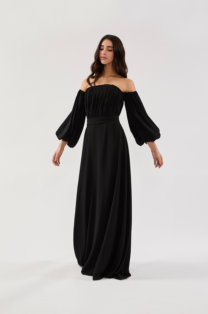 VESTIDO TOMARA QUE CAIA MANGA REMOVÍVEL CREPE PRETO - Imagem 6