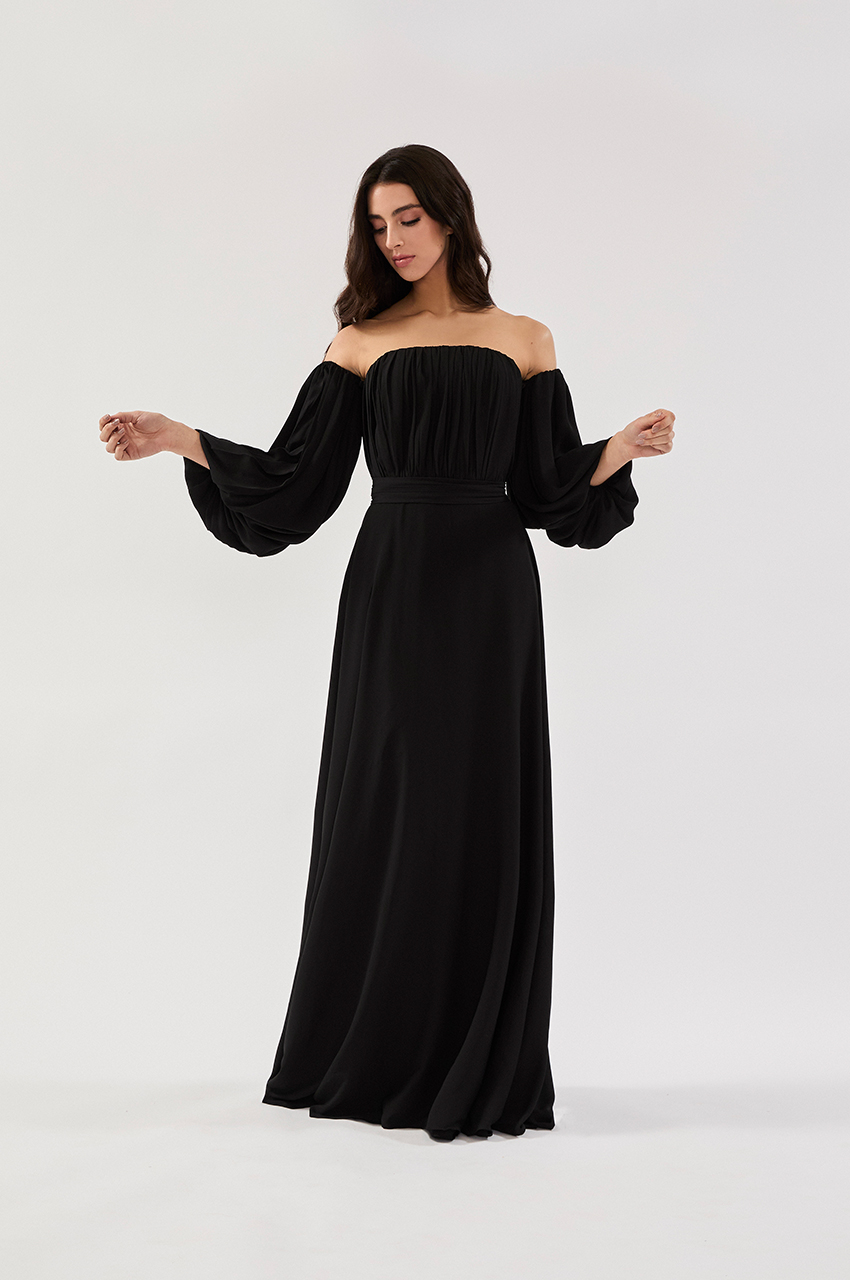 VESTIDO TOMARA QUE CAIA MANGA REMOVÍVEL CREPE PRETO - Imagem 2