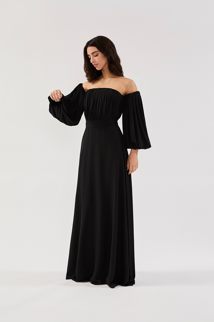 VESTIDO TOMARA QUE CAIA MANGA REMOVÍVEL CREPE PRETO - Imagem 4