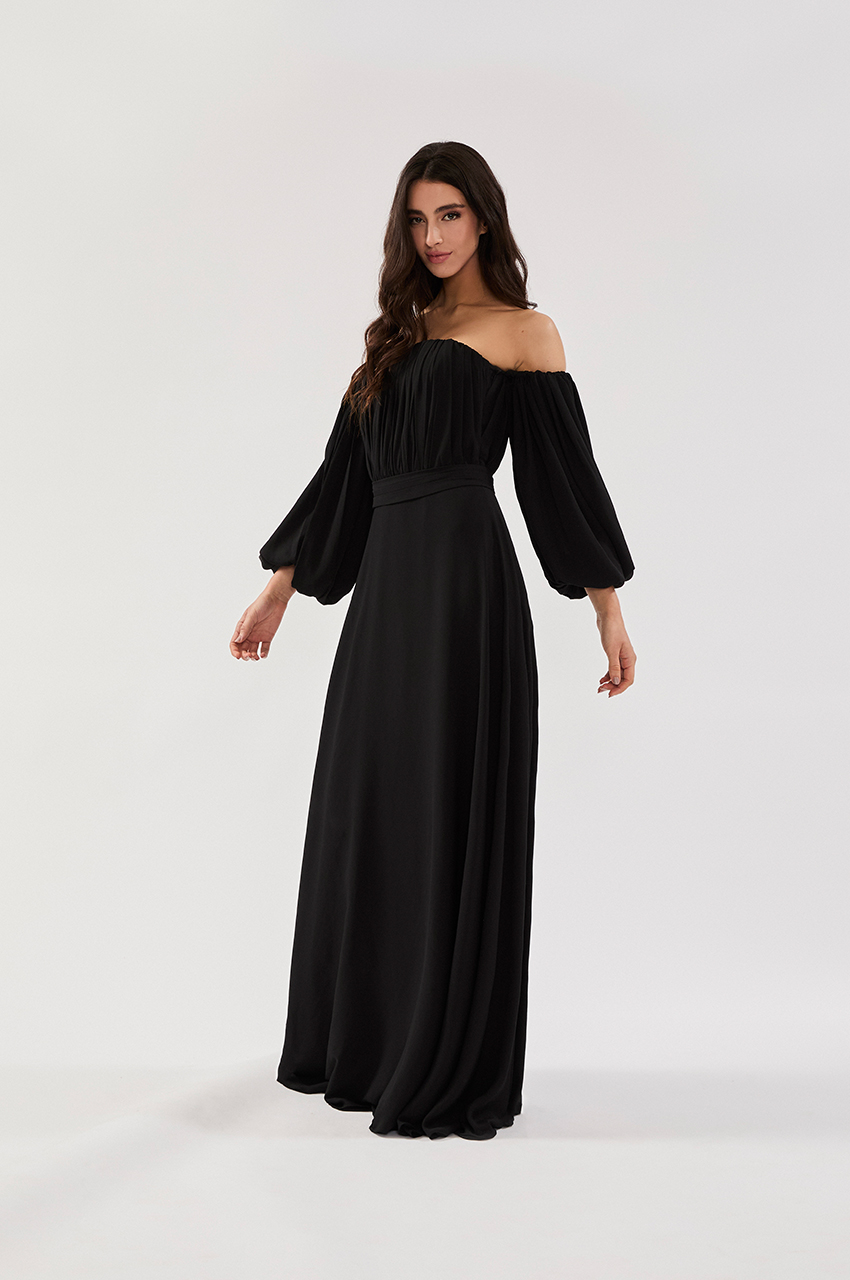 VESTIDO TOMARA QUE CAIA MANGA REMOVÍVEL CREPE PRETO - Imagem 5