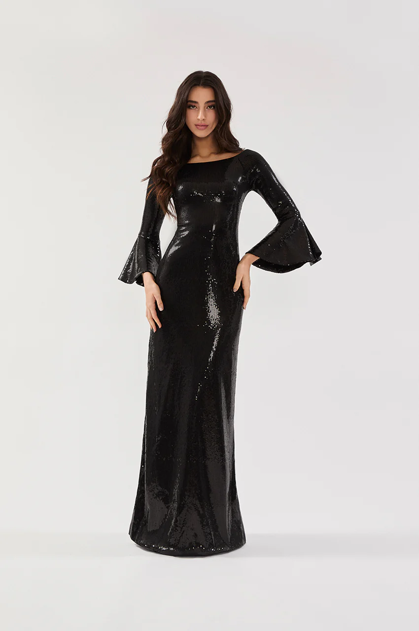 VESTIDO LONGO DECOTE CANOA MANGA BOCA DE SINO PAETÊ PRETO - Imagem 4