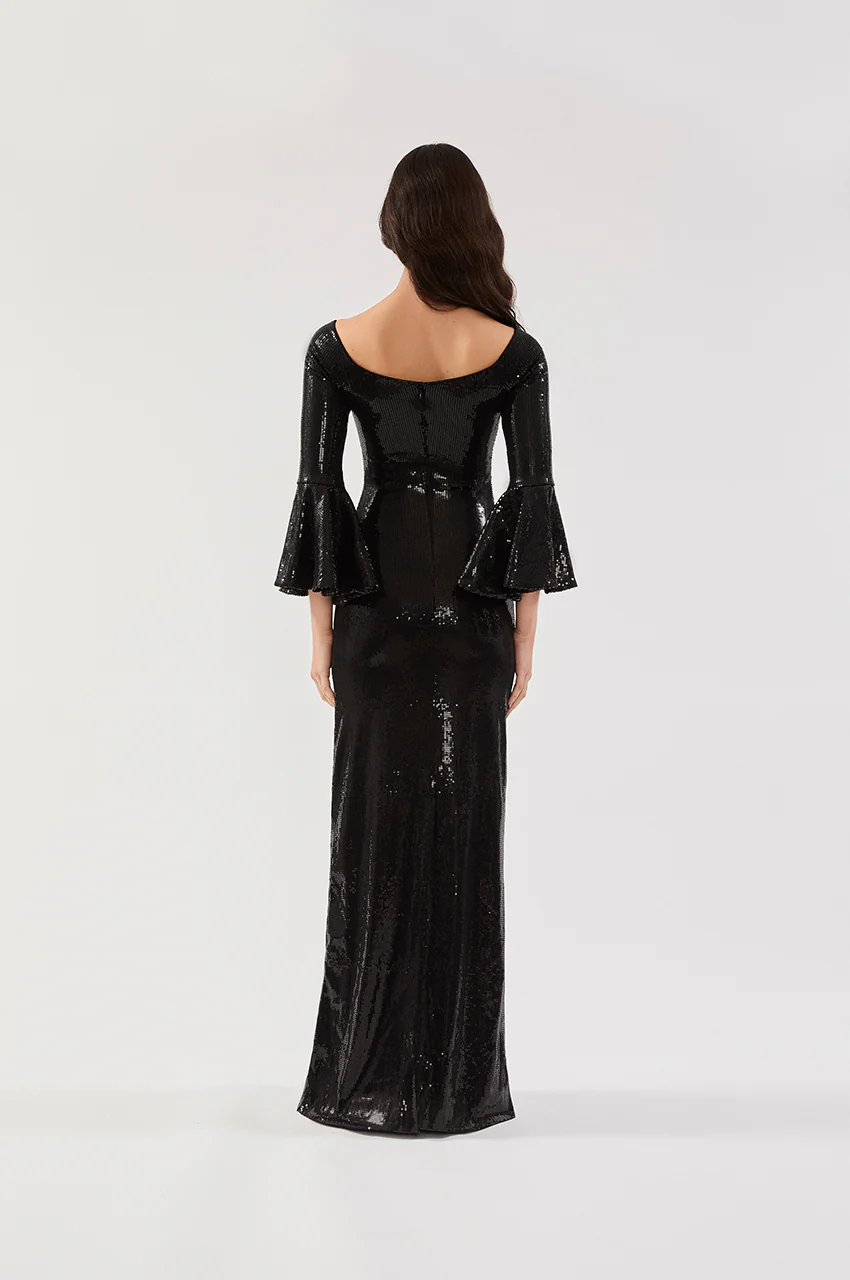 VESTIDO LONGO DECOTE CANOA MANGA BOCA DE SINO PAETÊ PRETO - Imagem 2