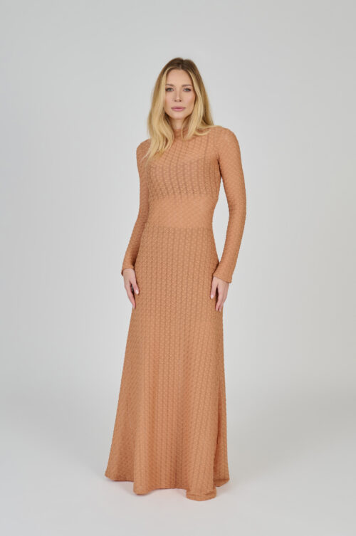 VESTIDO LONGO EM MALHA TEXTURIZADA MARROM