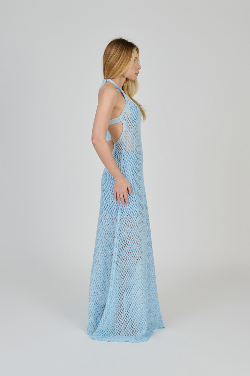 VESTIDO LONGO FRENTE ÚNICA EM TELA AZUL